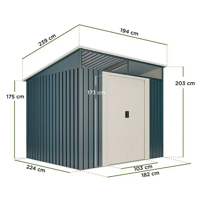 Hoggar Gerätehaus Gänsen II - Außenmaß inkl. Dachüberstand (B x T): 238 x 193 cm, Grundfläche: 4,6 m², Anthrazitgrau, Stahl - Ansicht des Aufbauplans eines Geräteschuppens mit seinen Abmessungen für eine einfache Montage.