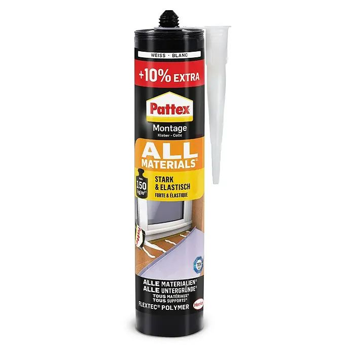 Pattex Montagekleber All Materials - 495 g - Bild einer Kartusche Pattex Montage-Kleber "Alle Materialien". Der Kleber ist weiß, stark und elastisch und für diverse Oberflächen geeignet.