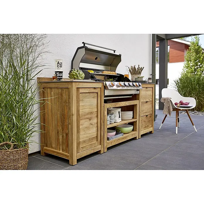 Sunfun Zoe Módulo de cocina exterior Armario con cajones - Marrón, An x Pr x Al: 58 x 63 x 92 cm, Madera de teca - Módulo de cocina exterior de madera con parrilla, cuenta con almacenamiento para platos y utensilios. Ideal para asados.