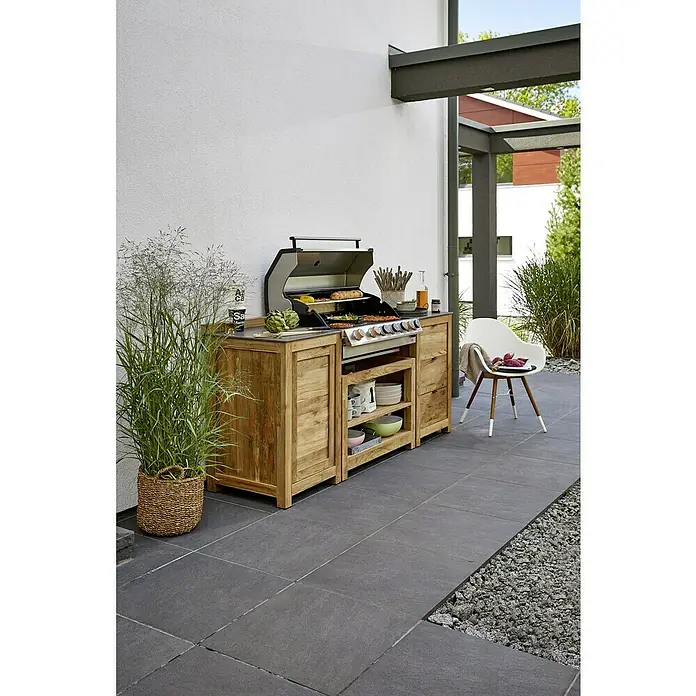 Sunfun Zoe Módulo de cocina exterior Armario con cajones - Marrón, An x Pr x Al: 58 x 63 x 92 cm, Madera de teca - Elegante área exterior con una cocina de madera robusta y una parrilla moderna, perfecta para experiencias culinarias al aire libre.