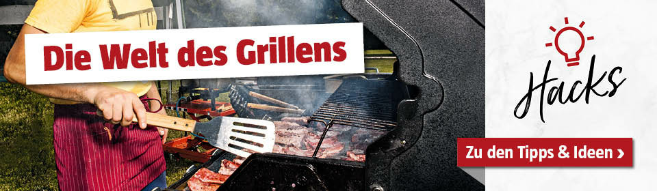 Mann wendet mit einem Grillwender Fleisch auf dem Griller mit Titel die Welt des Grillens