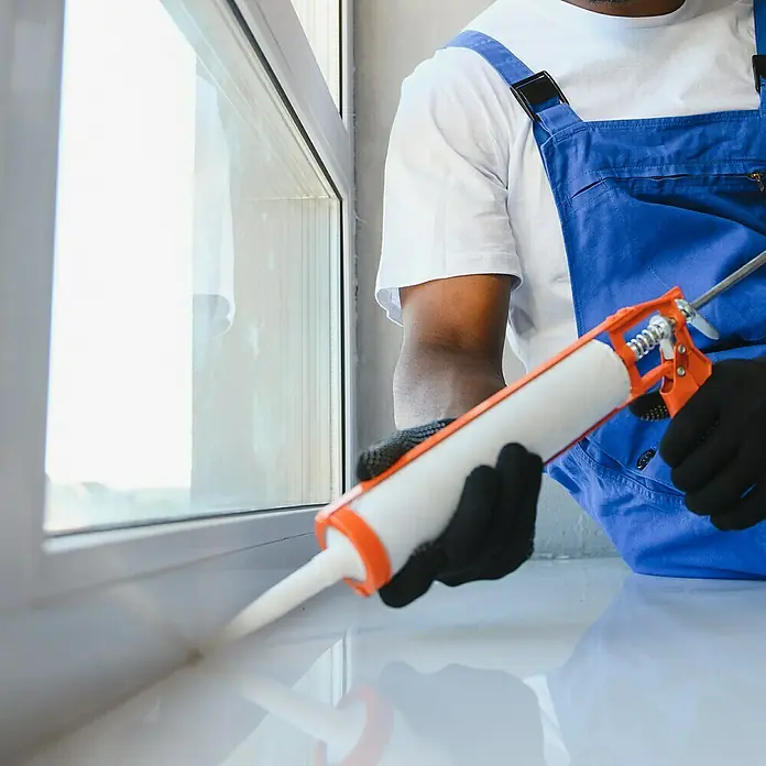 Soudal Pistola de silicona esqueleto - Apto para: Cartuchos - Primer plano de un manitas aplicando sellador de silicona a una ventana con una pistola de calafateo para impermeabilizar.