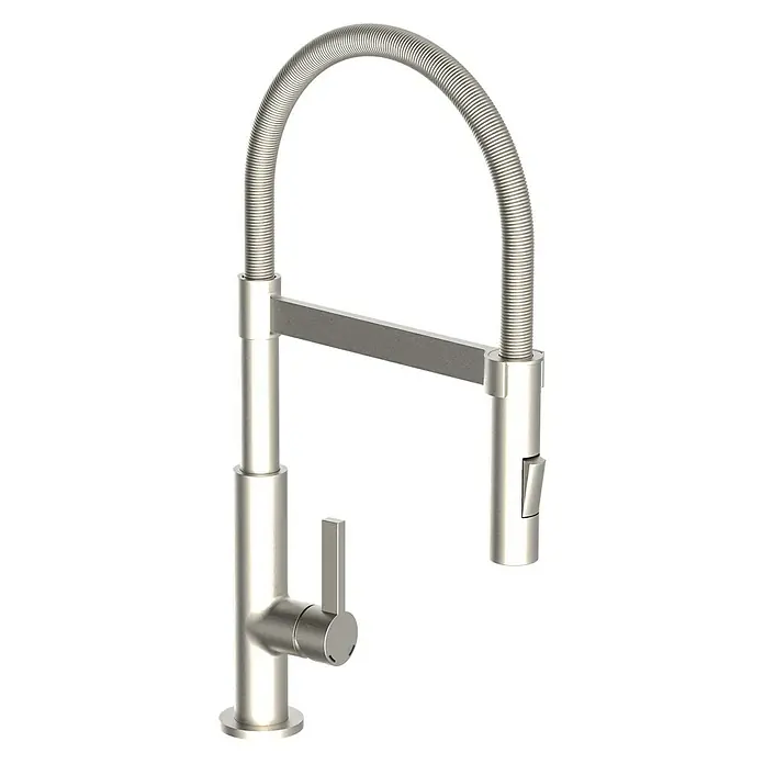 Camargue Spültischarmatur Cordoba - Edelstahl, Matt - Abgebildet ist eine moderne Küchenarmatur in gebürstetem Nickel mit einem flexiblen Auslauf und Einhebelmischer.