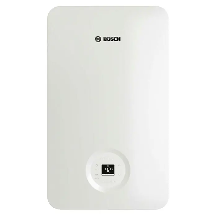 Bosch Calentador estanco T6600 - 20 kW, Caudal de agua: 12 l/min, Gas butano - Primer plano de un sistema de calefacción Bosch blanco con pantalla digital.