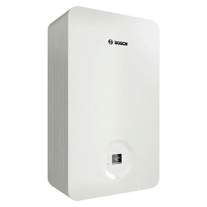 Bosch Calentador estanco T6600 - 20 kW, Caudal de agua: 12 l/min, Gas butano - Primer plano de una caldera de calefacción Bosch blanca con un display digital que muestra una temperatura de 42°C.