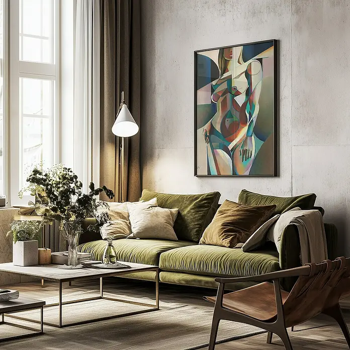 Papermoon Bild - Neo Deco, B x H: 50 x 70 cm, Ohne Passepartout, Rahmen Schwarz - Stilvolles Wohnzimmer mit einem grünen Sofa, einem Couchtisch und einem Gemälde einer Frau an der Wand.