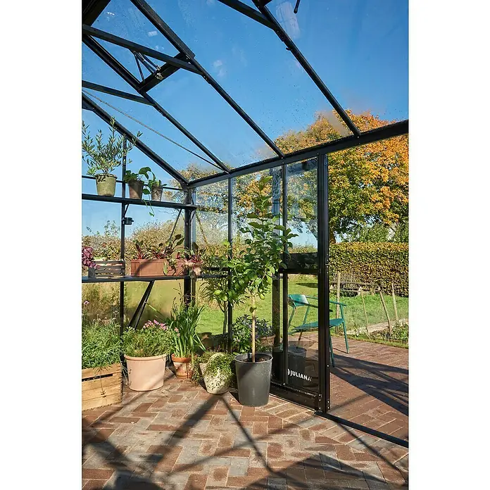 Juliana Gewächshaus Jubii 60 - Material Seitenwand: Glas, 3 mm, Schwarz - Gewächshaus Juliana mit Pflanzen und Blick in den Garten. Das Gewächshaus bietet viel Platz für die Pflanzenzucht und einen schönen Ausblick.