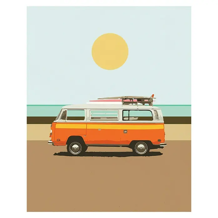 Papermoon Poster - Road Trip 1, B x H: 50 x 70 cm, Ohne Passepartout - Grafische Darstellung eines orangefarbenen VW-Busses mit Surfbrettern auf dem Dach, geparkt an einem sonnigen Strand, der zum Surfen einlädt.