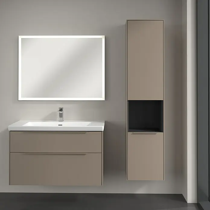 Villeroy & Boch Subway 3.0 Hochschrank - B x T x H: 40 x 36,2 x 171 cm, 1x offenes Fach, 2x Tür, Taupe, Farbe Griff: Taupe, DIN Anschlag: Rechts - Stilvoller Badezimmerschrank mit Waschbeckenunterschrank und beleuchtetem Spiegel für ein modernes Ambiente.
