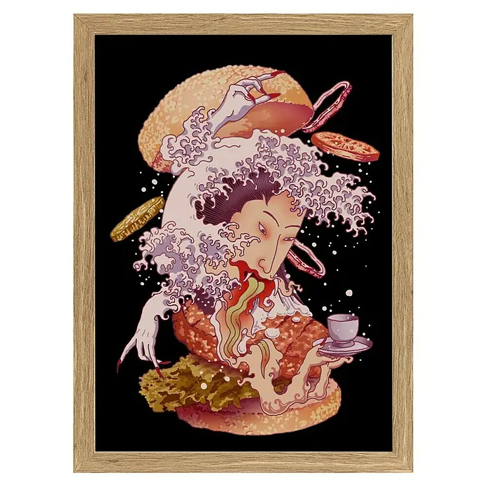 Papermoon Bild - Fusion Ghost, B x H: 50 x 70 cm, Ohne Passepartout, Rahmen Eiche - Gerahmtes Kunstwerk eines Burgers mit Gesicht, Welle, Händen, Teetasse und Gemüse auf schwarzem Hintergrund.