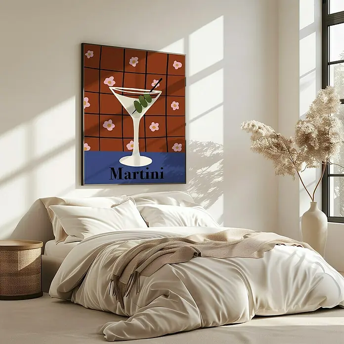 Papermoon Bild - Martini, B x H: 60 x 80 cm, Ohne Passepartout, Rahmen Eiche - Elegantes Schlafzimmer mit Martini-Kunstdruck über dem Bett. Der Kunstdruck ist ein echter Blickfang im Raum.