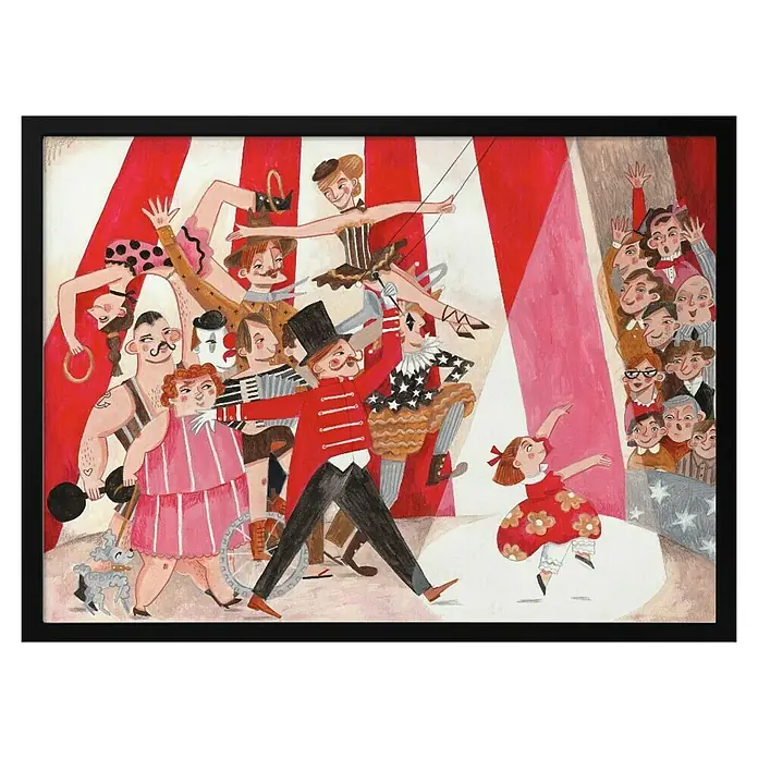 Papermoon Bild - Circus in the City, B x H: 100 x 70 cm, Ohne Passepartout, Rahmen Schwarz - Illustration eines Zirkus mit Artisten, einer Frau mit Gewicht und einem kleinen Mädchen im Rampenlicht.