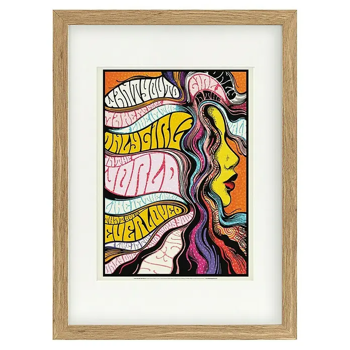 Papermoon Bild - Only Girl in World, B x H: 60 x 80 cm, Mit Passepartout, Rahmen Eiche - Gerahmtes Kunstwerk mit einem psychedelischen Porträt einer Frau, das in lebendigen Farben und verschlungenen Mustern gehalten ist. Perfekt für jeden Raum.