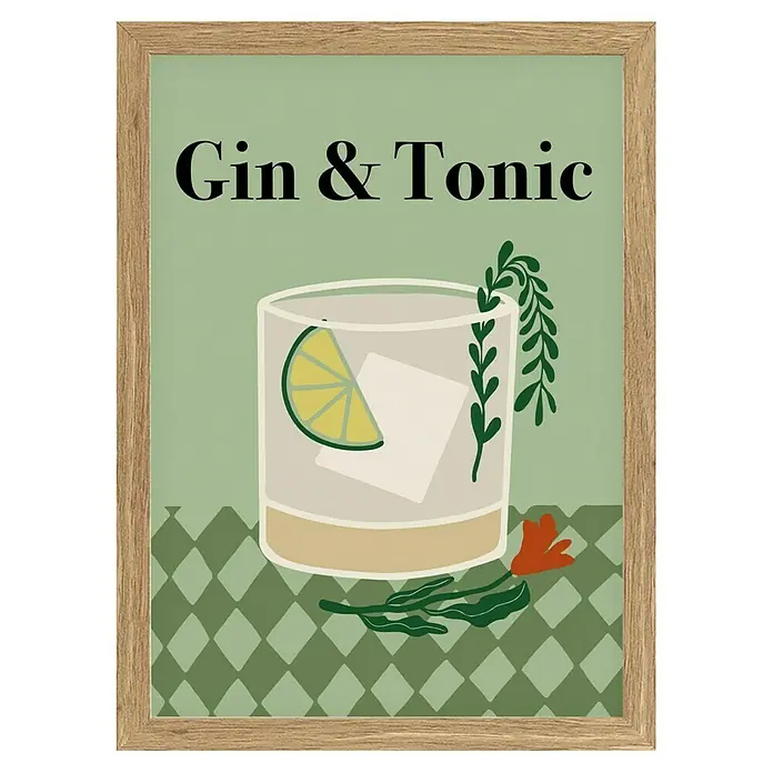 Papermoon Bild - Gin a Tonic, B x H: 80 x 110 cm, Ohne Passepartout, Rahmen Eiche - Bild eines gerahmten Gin & Tonic-Posters mit einem Glas, einer Limette und dekorativen Elementen auf einem grün karierten Hintergrund.