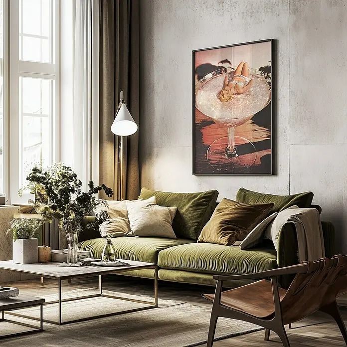 Papermoon Bild - Pink Margarita, B x H: 70 x 100 cm, Mit Passepartout, Rahmen Schwarz - Stilvolles Wohnzimmer mit grünem Samtsofa, Kunstwerk und Holzsessel, die eine gemütliche und elegante Atmosphäre schaffen.
