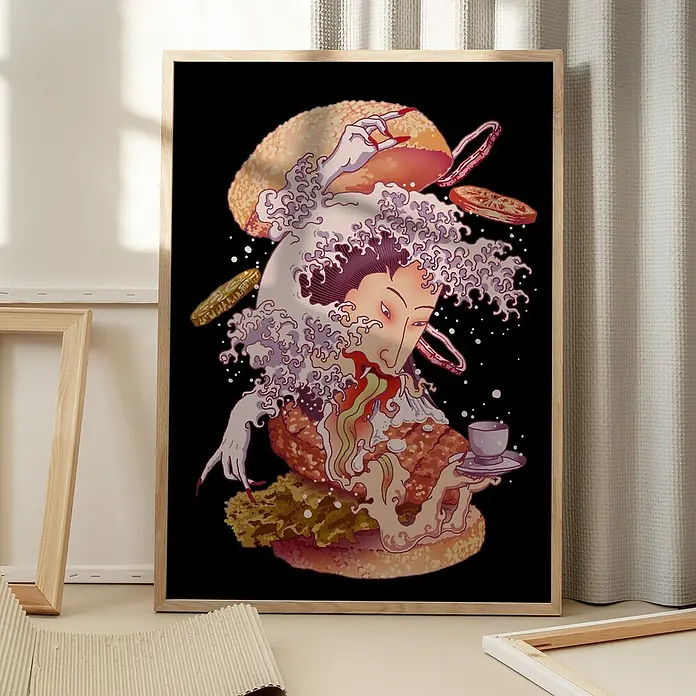 Papermoon Bild - Fusion Ghost, B x H: 40 x 50 cm, Mit Passepartout, Rahmen Eiche - Kunstvoller Druck mit Burger-Motiv in einem Holzrahmen. Einzigartiges Design, das Essen und Kunst verbindet, ideal für Küche oder Esszimmer.