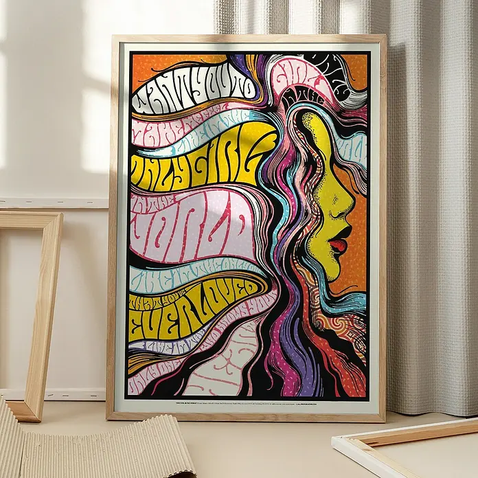 Papermoon Bild - Only Girl in World, B x H: 60 x 80 cm, Mit Passepartout, Rahmen Eiche - Gerahmtes Kunstwerk im Psychedelic-Stil. Ein dekorativer Akzent mit lebendigen Farben und floralen Mustern.