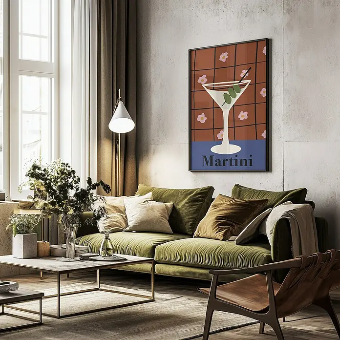 Papermoon Bild - Martini, B x H: 100 x 140 cm, Mit Passepartout, Rahmen Schwarz - Elegantes Wohnzimmer mit olivgrünem Sofa, Couchtisch und einem Martini-Poster an der Wand für eine stilvolle Atmosphäre.