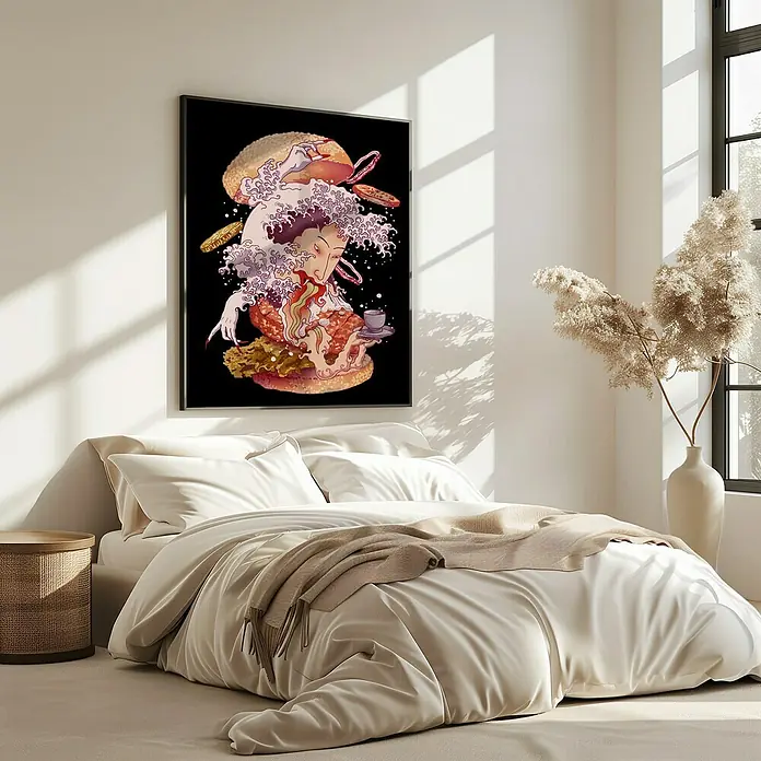 Papermoon Bild - Fusion Ghost, B x H: 40 x 50 cm, Mit Passepartout, Rahmen Eiche - Ein auffälliges Kunstwerk, das ein einzigartiges Burger-Motiv zeigt, hängt über einem stilvollen Bett mit weißen Laken in einem sonnendurchfluteten Raum.