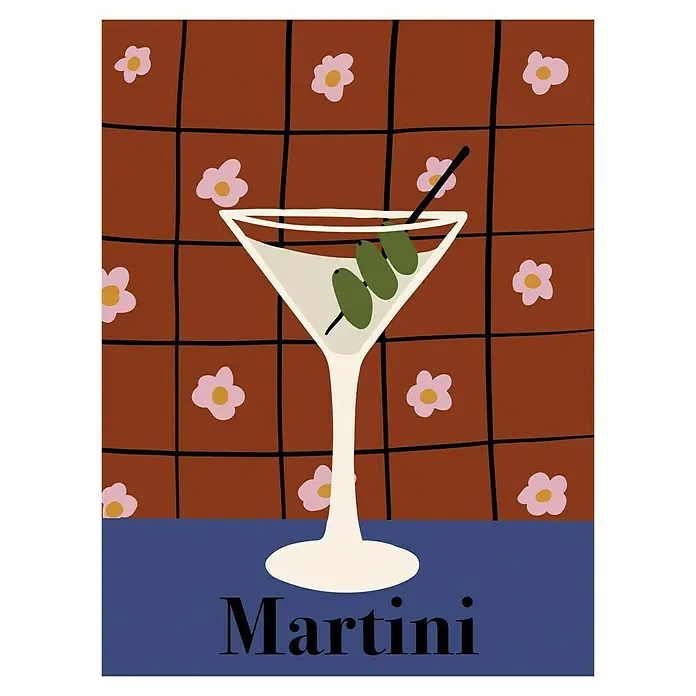 Papermoon Poster - Martini, B x H: 50 x 70 cm, Ohne Passepartout - Stilvolles Martini-Poster. Das Martini-Glas mit Oliven wird elegant auf einem Tisch präsentiert und ist ein echter Blickfang.