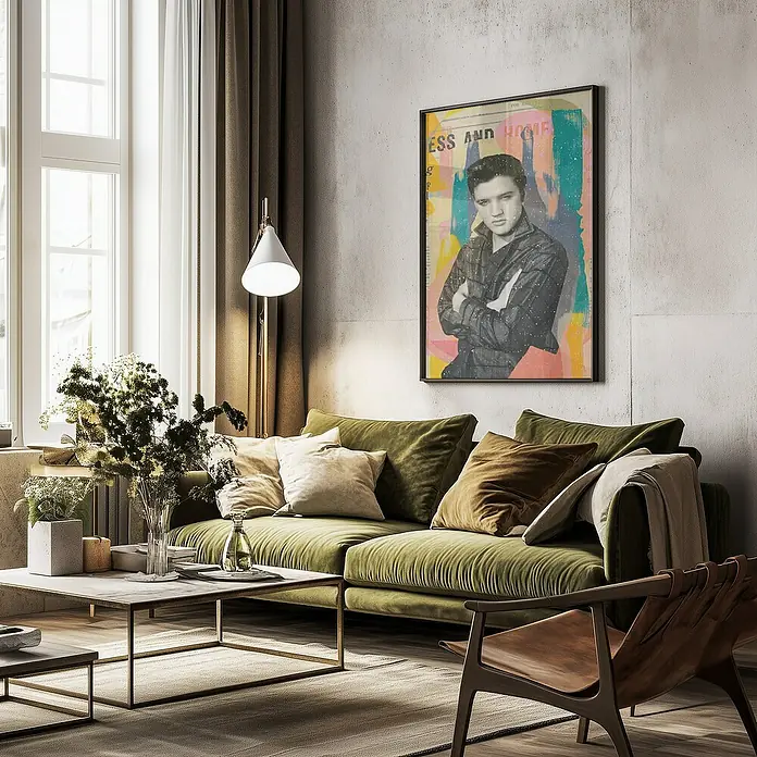 Papermoon Bild - King in the House, B x H: 50 x 70 cm, Ohne Passepartout, Rahmen Schwarz - Wohnzimmer mit olivgrünem Sofa, Couchtisch und einem Pop Art-Poster von Elvis Presley an der Wand für eine stilvolle Einrichtung.