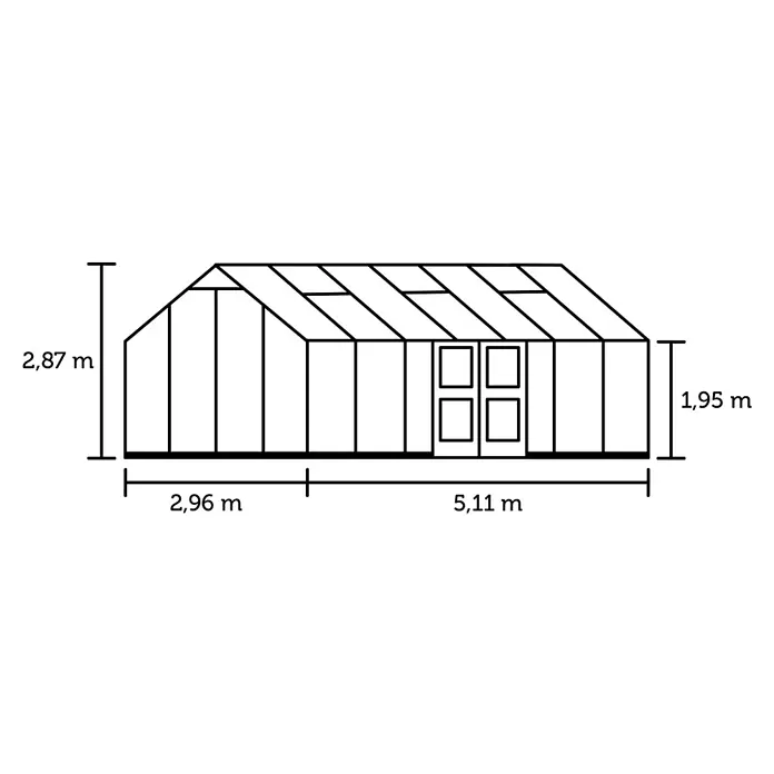 Juliana Gewächshaus Jubii 60 - Material Seitenwand: Glas, 3 mm, Schwarz - Darstellung eines Gewächshauses mit Maßangaben zu Höhe und Breite für Bau- oder Planungszwecke.