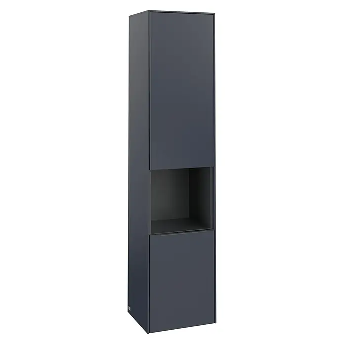 Villeroy & Boch Subway 3.0 Hochschrank - B x T x H: 40 x 36,2 x 171 cm, 1x offenes Fach, 2x Tür, Marine Blue, Farbe Griff: Marine Blue, DIN Anschlag: Rechts - Blauer Wandschrank mit Regalfach in der Mitte. Das Möbelstück bietet Stauraum und Ablagefläche, ideal für moderne Einrichtungen.