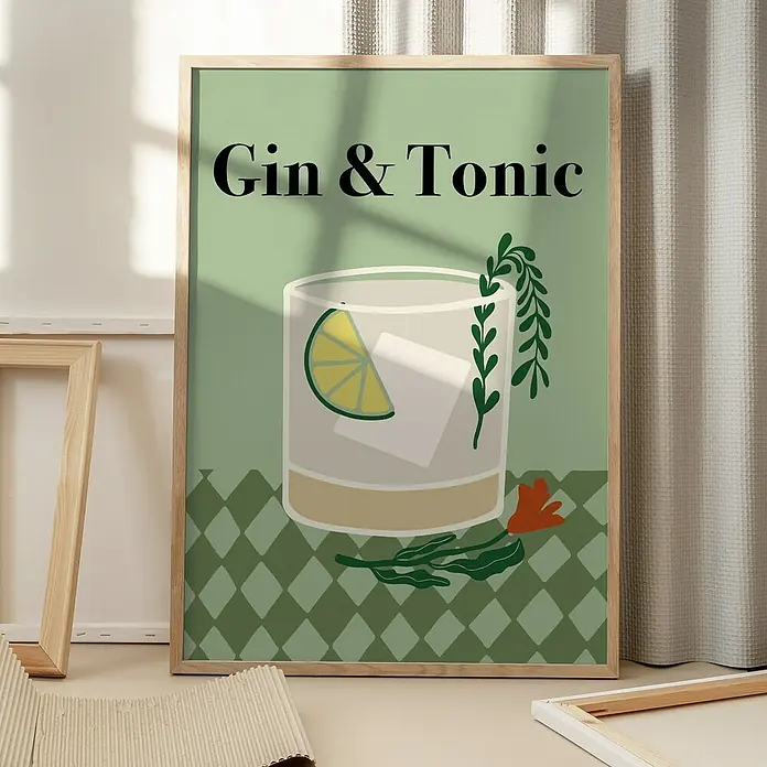 Papermoon Bild - Gin a Tonic, B x H: 80 x 110 cm, Mit Passepartout, Rahmen Eiche - Stilvolles Gin & Tonic-Wandbild im Rahmen. Das Poster zeigt eine moderne Illustration des beliebten Cocktails in sanften Grün- und Beigetönen.