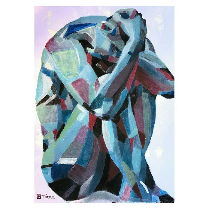 Papermoon Poster - Self Reflection, B x H: 70 x 100 cm, Ohne Passepartout - Figurative Malerei eines Hockenden in blau-grauen Farbflächen mit roten und schwarzen Akzenten, die eine moderne, abstrakte Note verleihen.