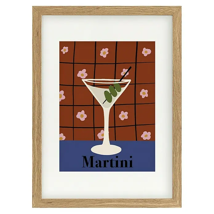 Papermoon Bild - Martini, B x H: 80 x 110 cm, Mit Passepartout, Rahmen Eiche - Gerahmtes Martini-Kunstdruckbild mit einem stilisierten Martini-Glas vor einem braunen, floralen Hintergrund, das eine moderne und elegante Atmosphäre schafft.