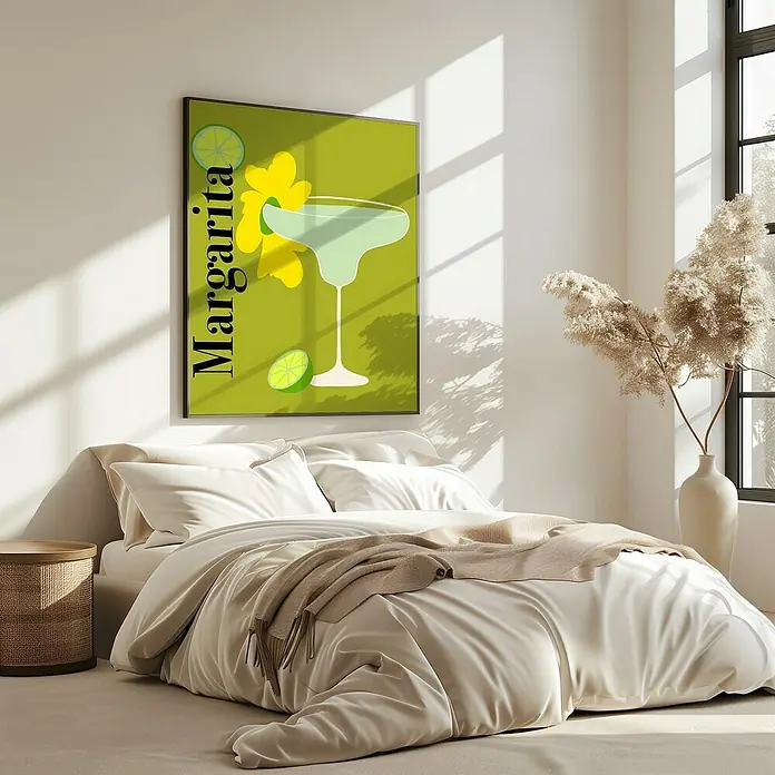 Papermoon Bild - Margarita, B x H: 100 x 140 cm, Ohne Passepartout, Rahmen Eiche - Ein stilvolles Schlafzimmer mit einem auffälligen Margarita-Wandbild, das dem Raum eine frische und einladende Atmosphäre verleiht.