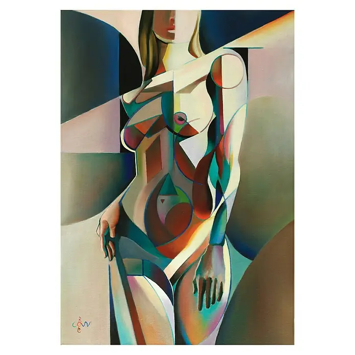 Papermoon Poster - Neo Deco, B x H: 80 x 110 cm, Ohne Passepartout - Abstrakte Kunst zeigt eine stilisierte weibliche Figur, die durch geometrische Formen und lebendige Farben eine fesselnde Komposition ergibt.