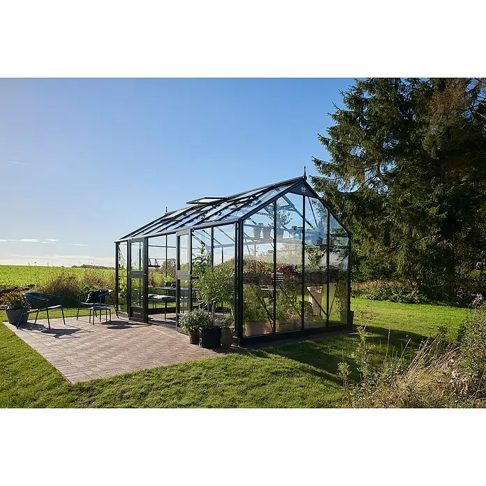 Juliana Gewächshaus Jubii 60 - Material Seitenwand: Glas, 3 mm, Schwarz - Geräumiges Gewächshaus mit Pflanzen auf einem Ziegelplatz. Bietet Schutz und ideale Bedingungen für den Pflanzenanbau.