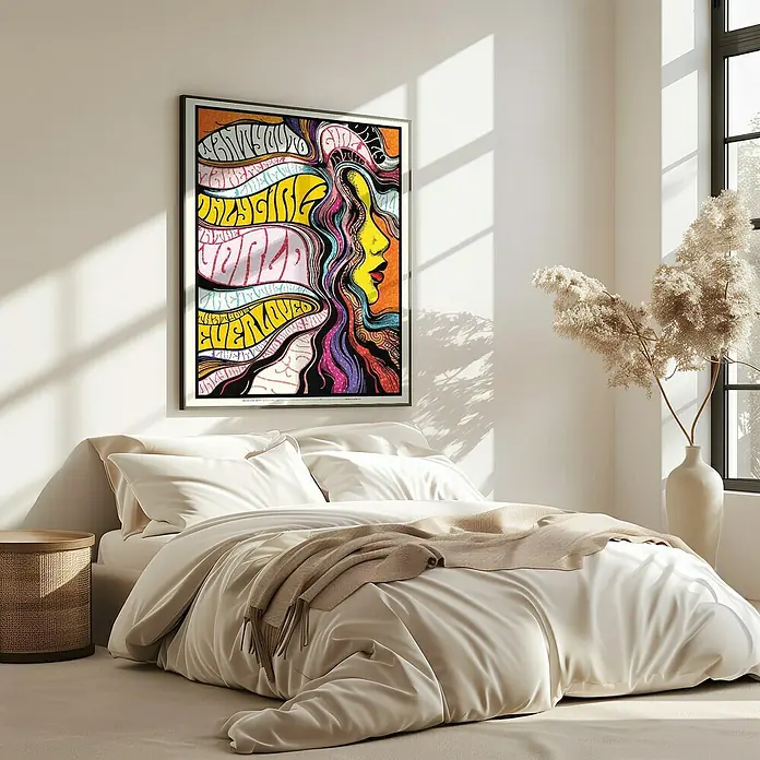 Papermoon Bild - Only Girl in World, B x H: 60 x 80 cm, Mit Passepartout, Rahmen Eiche - Gerahmtes Kunstwerk mit psychedelischem Design über einem Bett. Einzigartiges Kunstwerk für moderne Innenräume.