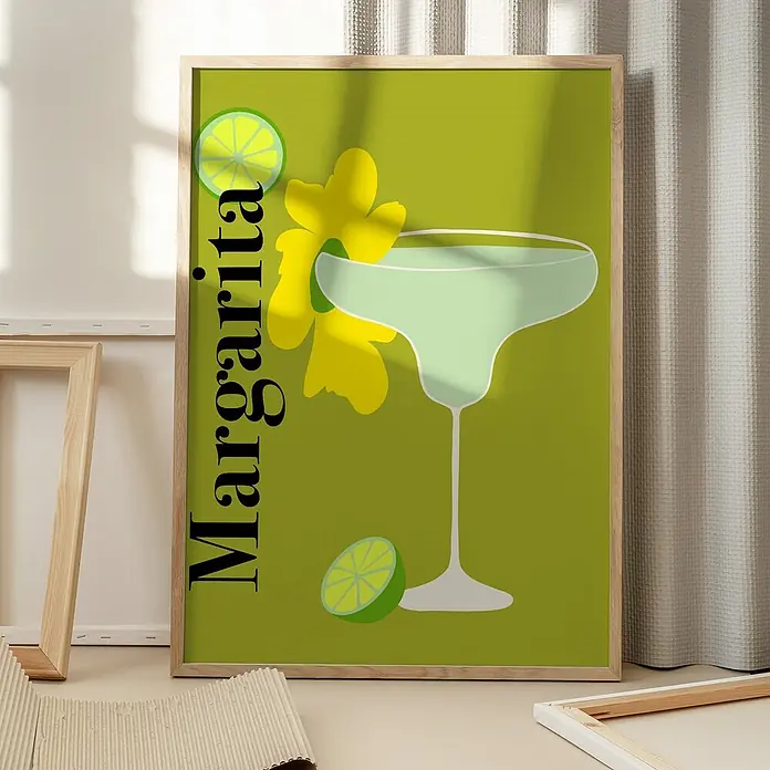 Papermoon Bild - Margarita, B x H: 100 x 140 cm, Ohne Passepartout, Rahmen Eiche - Poster mit einer Illustration eines Margaritas, inklusive der Aufschrift "Margarita", Zitrone und Blume, ideal zur Dekoration von Bar oder Küche.