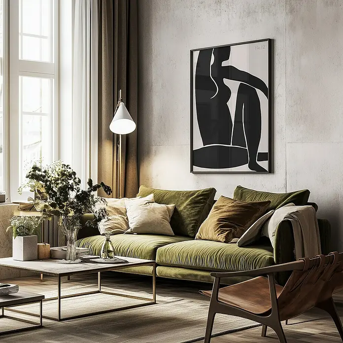 Papermoon Bild - Figure No. 12, B x H: 50 x 70 cm, Ohne Passepartout, Rahmen Schwarz - Ein stilvolles Wohnzimmer mit einem grünen Sofa, dekorativen Kissen und einem abstrakten Wandbild, das dem Raum eine künstlerische Note verleiht.