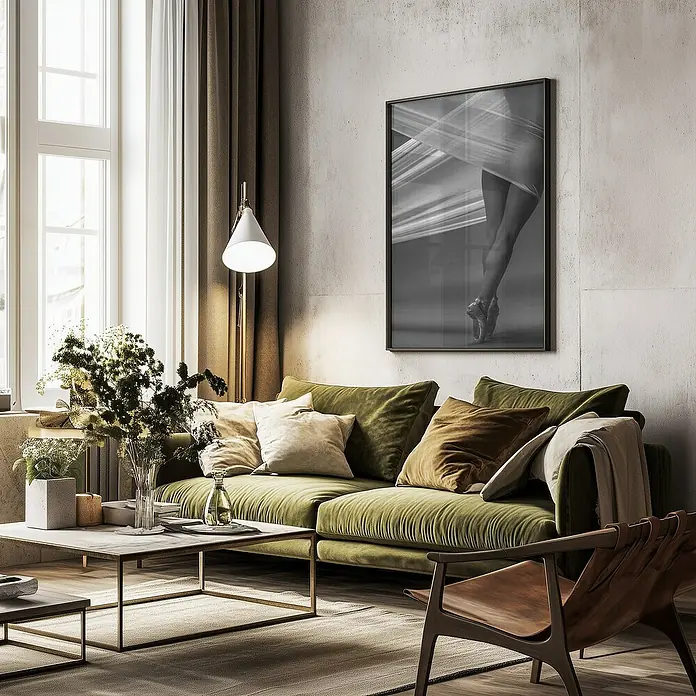 Papermoon Bild - Balance, B x H: 70 x 100 cm, Mit Passepartout, Rahmen Schwarz - Elegantes Wohnzimmer mit grünem Sofa, Kunstwerk und Holzsessel. Die stilvolle Einrichtung strahlt Gemütlichkeit und modernes Design aus.