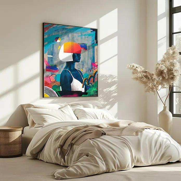 Papermoon Bild - Blue Girl, B x H: 40 x 50 cm, Ohne Passepartout, Rahmen Eiche - Gemütliches Schlafzimmer mit einem Bett, einer Nachttischlampe und einem abstrakten Gemälde an der Wand, das dem Raum einen Hauch von Stil verleiht.