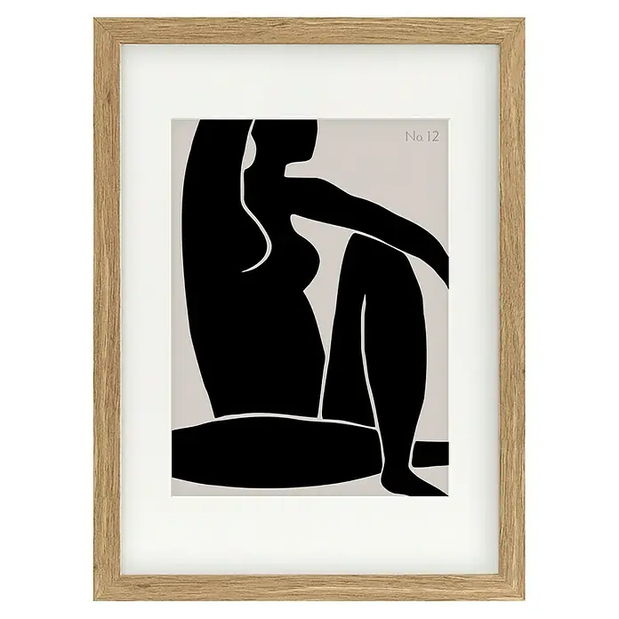 Papermoon Bild - Figure No. 12, B x H: 80 x 110 cm, Mit Passepartout, Rahmen Eiche - Gerahmtes Kunstwerk mit abstrakter Darstellung einer sitzenden Figur in Schwarz und Weiß, ideal für moderne Innenräume.
