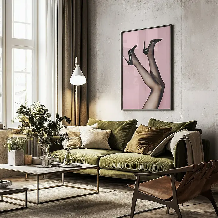 Papermoon Bild - Kick up your Heels, B x H: 40 x 50 cm, Mit Passepartout, Rahmen Schwarz - Gemütliches Wohnzimmer mit grüner Couch, Couchtisch und einem auffälligen gerahmten Kunstwerk an der Wand.