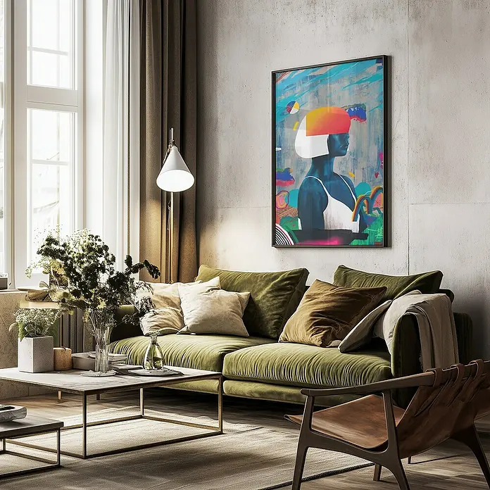 Papermoon Bild - Blue Girl, B x H: 70 x 100 cm, Ohne Passepartout, Rahmen Schwarz - Ein gemütliches Wohnzimmer mit einem grünen Sofa, einem Couchtisch und einem Kunstwerk an der Wand. Die Einrichtung strahlt Wärme und Stil aus.