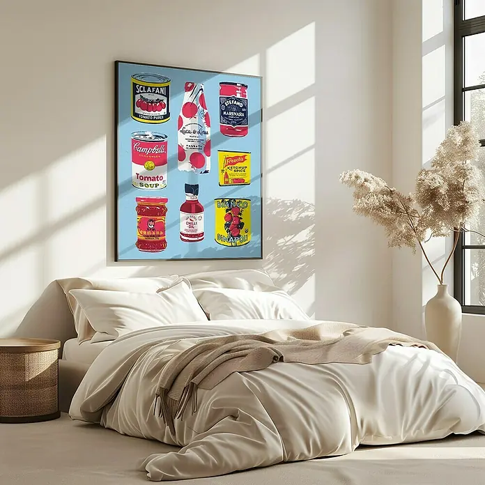 Papermoon Bild - Canned Tomatoes, B x H: 60 x 80 cm, Mit Passepartout, Rahmen Eiche - Ein farbenfrohes Wandbild mit diversen Tomatensaucen- und Ketchup-Dosen, das eine verspielte Note in ein modernes Schlafzimmer bringt.