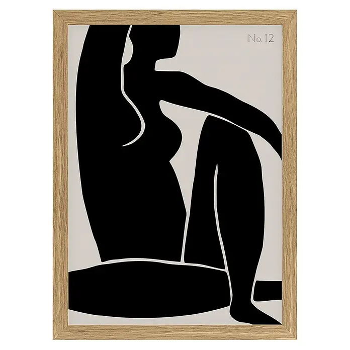 Papermoon Bild - Figure No. 12, B x H: 80 x 110 cm, Ohne Passepartout, Rahmen Eiche - Gerahmtes abstraktes Kunstwerk einer sitzenden Frau in Schwarz und Beige. Ein modernes Wandbild mit klaren Linien und einer schlichten Ästhetik.