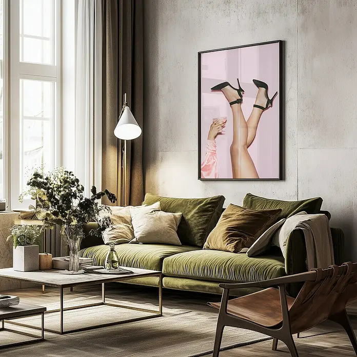 Papermoon Bild - Cheers Peaches, B x H: 80 x 110 cm, Mit Passepartout, Rahmen Schwarz - Elegantes Wohnzimmer mit einem grünen Sofa, stilvollem Couchtisch und einem auffälligen Wandbild, das High Heels zeigt.
