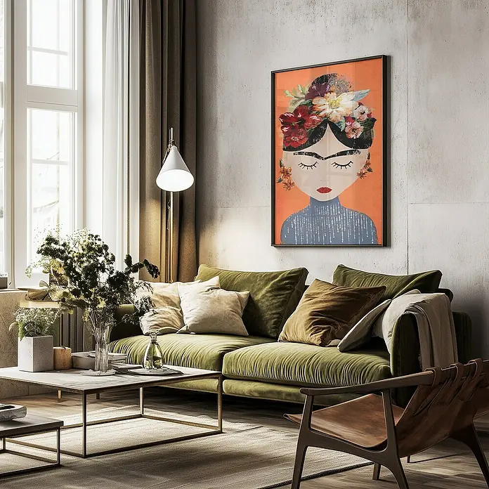 Papermoon Bild - Treechild Frida Orange, B x H: 50 x 70 cm, Mit Passepartout, Rahmen Schwarz - Ein stilvolles Wohnzimmer mit einem grünen Sofa, einem Couchtisch und einem Frida Kahlo-inspirierten Kunstwerk.
