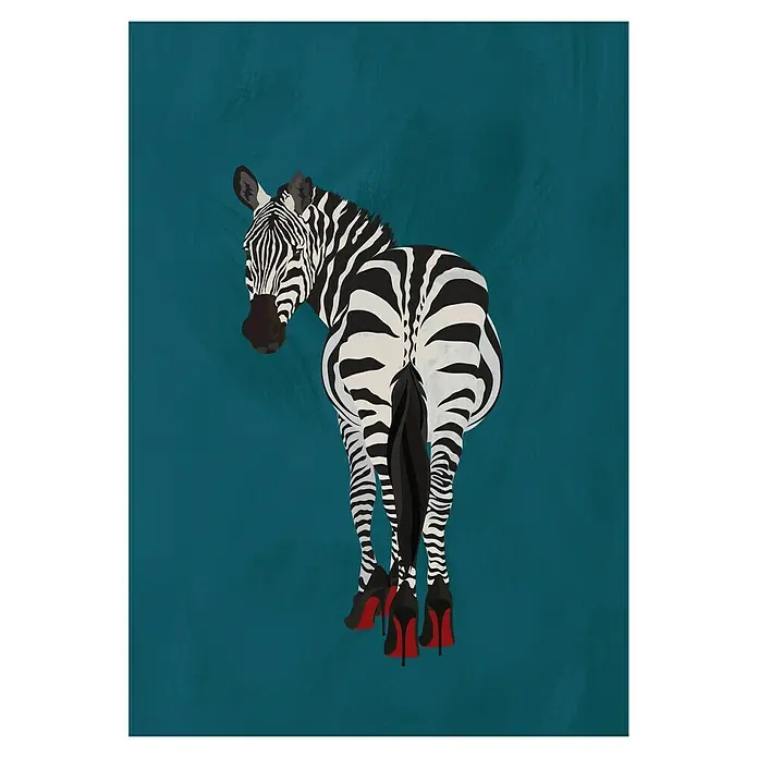 Papermoon Poster - Zebra Heels, B x H: 40 x 50 cm, Ohne Passepartout - Zebra mit High Heels auf blauem Hintergrund. Das stilvolle Bild zeigt eine Zebrafigur mit roten High Heels vor einem blauen Hintergrund.