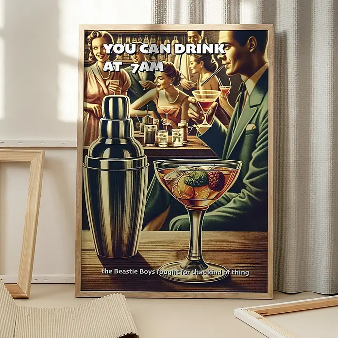 Papermoon Bild - You can Drink at 7 AM, B x H: 70 x 100 cm, Mit Passepartout, Rahmen Eiche - Gerahmtes Bild mit Cocktailmotiv, auffälliger Cocktailshaker und inspirierendem Zitat, stilvolle Wanddekoration.