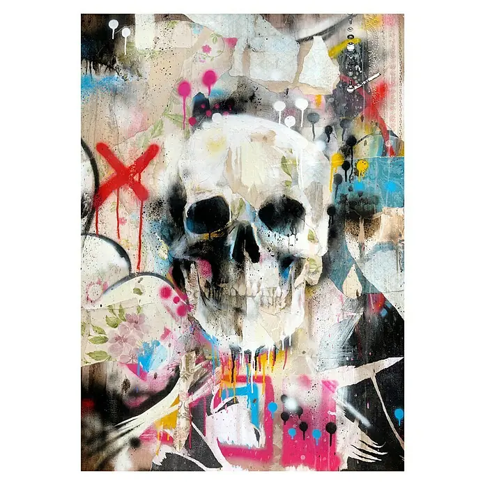 Papermoon Poster - Skull, B x H: 80 x 110 cm, Ohne Passepartout - Kunstvolles Graffiti-Design mit einem Schädel im Zentrum, lebendigen Farben und abstrakten Elementen, das eine düstere und urbane Ästhetik erzeugt.
