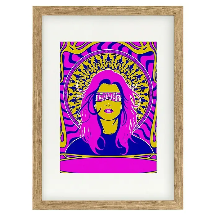 Papermoon Bild - Woman Series 1, B x H: 40 x 50 cm, Mit Passepartout, Rahmen Eiche - Gerahmtes Psychedelic-Poster mit einer Frau, deren Augen mit "Liebe?" bedeckt sind, in leuchtenden Farben. Ein dekoratives Kunstwerk.