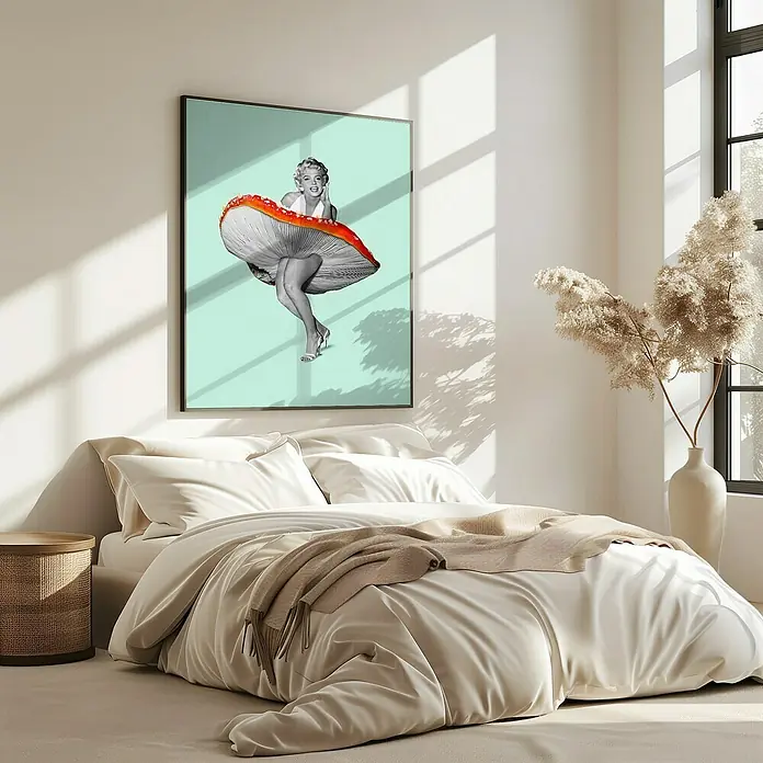 Papermoon Bild - Happy Dress, B x H: 80 x 110 cm, Mit Passepartout, Rahmen Eiche - Wandkunst mit einer Illustration von Marilyn Monroe, die in einem Pilz steht, eine einzigartige Ergänzung für Ihr Schlafzimmer.